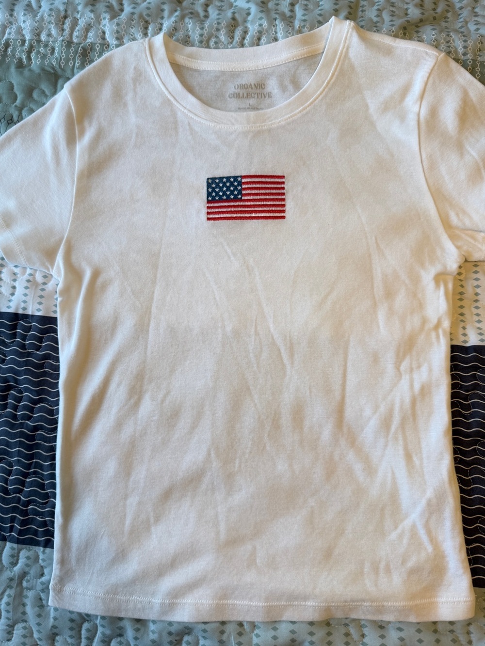 White Cropped Tee with Embroidered Flag